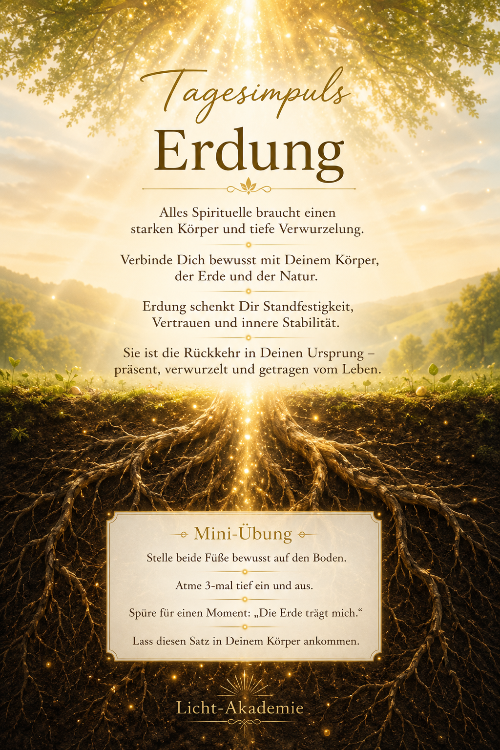 Lichtvolle Wurzeln in der Erde darüber eine Waldlichtung die lichtvoll ist - Symbol für Erdung, Verbindung zu Erde und Bewusstsein