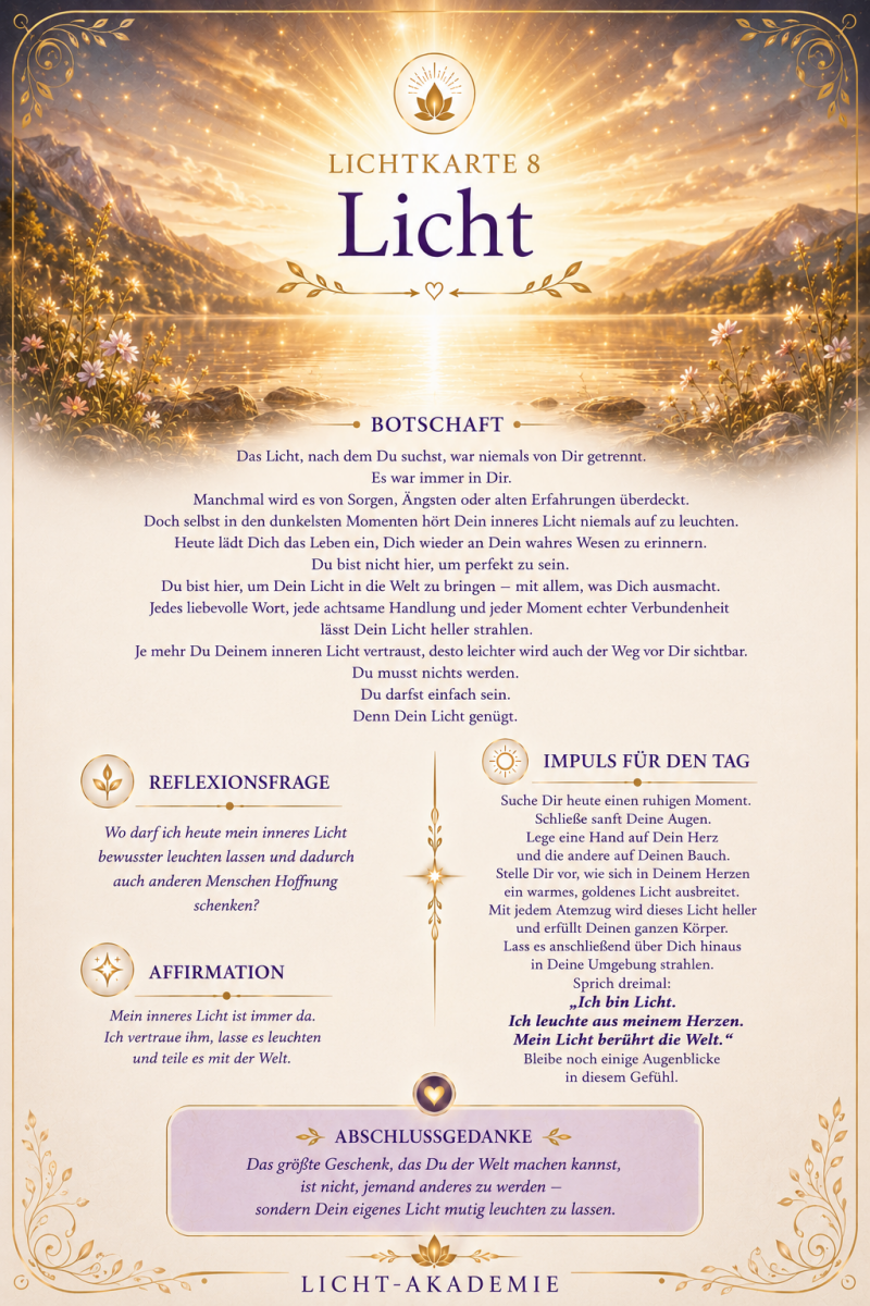 Lichtkarte Licht der Licht-Akademie mit strahlendem Sonnenlicht über ruhigen Bergsee als Symbol für inneres Licht, Hoffnung, Bewusstsein und die Kraft des Herzens