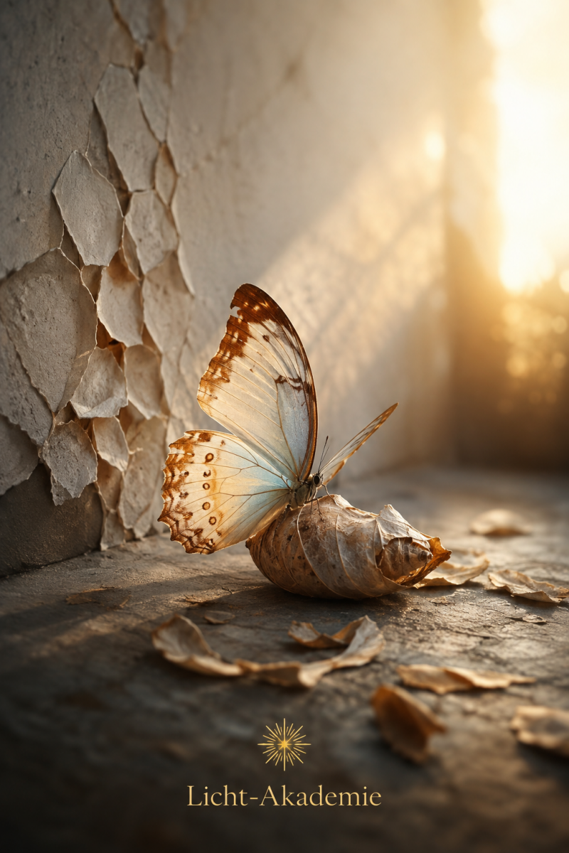 Zarter Schmetterling auf einem Kokon im Hintergrund Sonnenstrahlen - Symbol für innere Transformation, Spiritualität und Bewusstsein | Licht-Akademie