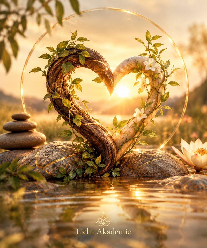 Herz am Ufer eines Sees mit goldenem Abendlicht - Symbol für Innere Reife und freie Liebe | Licht-Akademie