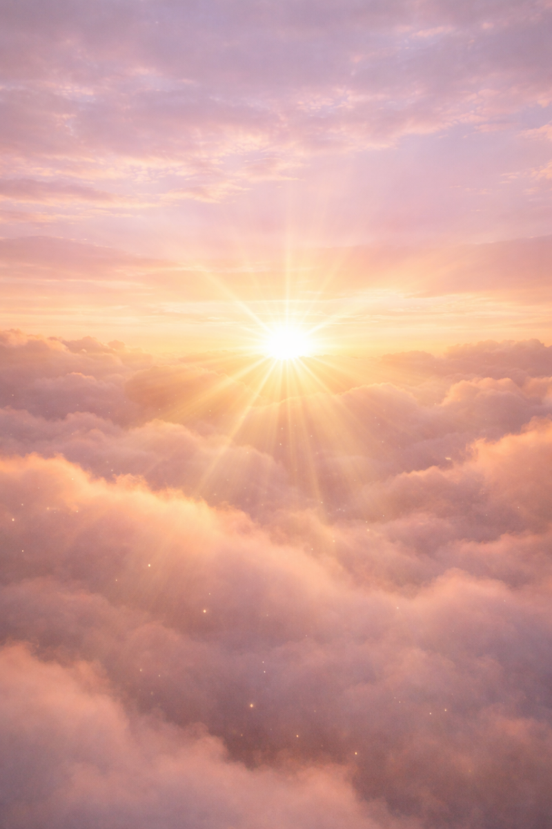 Sanfter Sonnenaufgang über weiten Wolkenfelden in warmen Gold- und Rosatönen - Symbol für Neubeginn, Weite und inneres Erwachen
