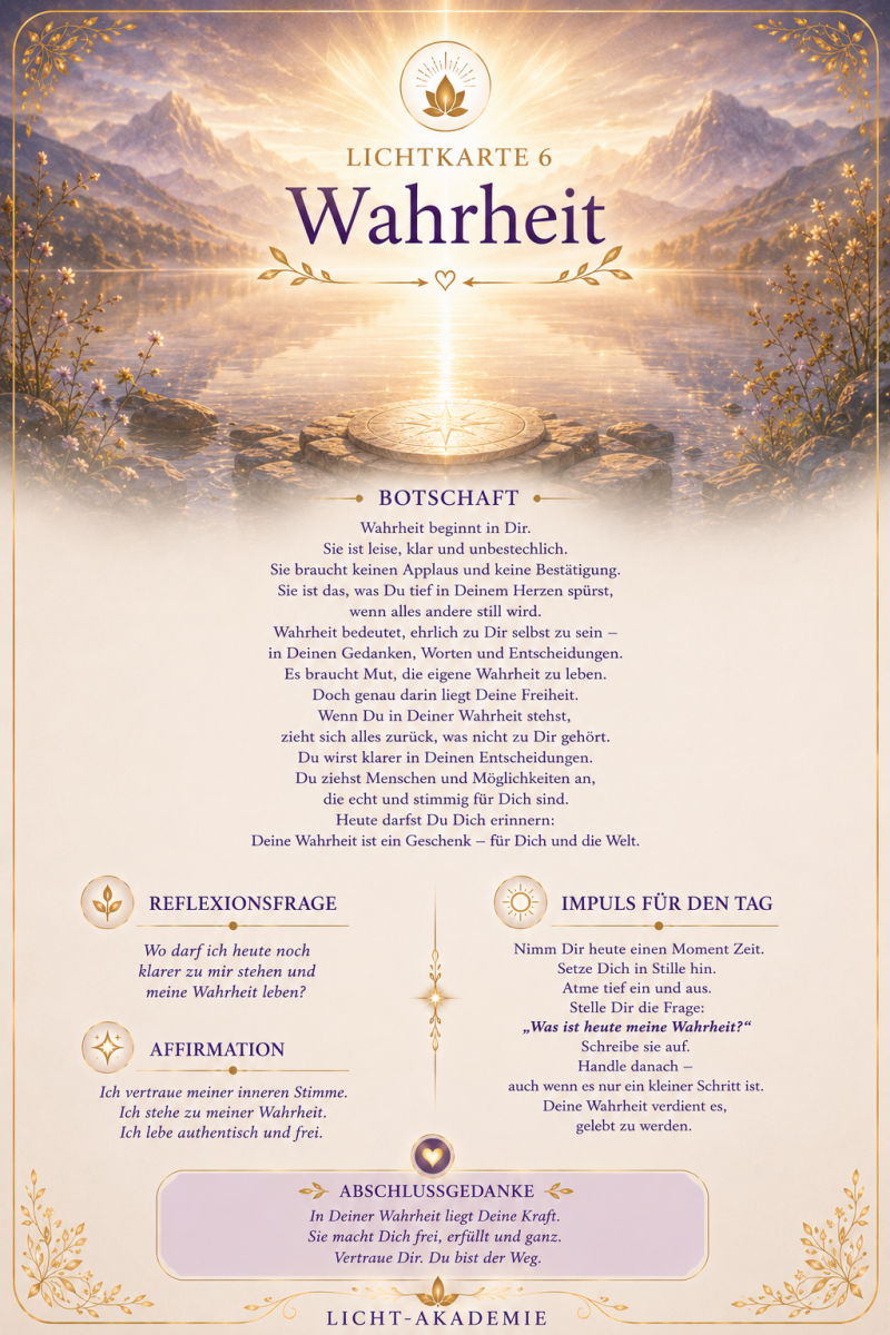 Lichtkarte Wahrheit der Licht-Akademie mit einem leuchtenden Bergsee im Morgenlicht als Symbol für Klarheit, Authenzität, innere Wahrheit und bewusste Lebensführung.