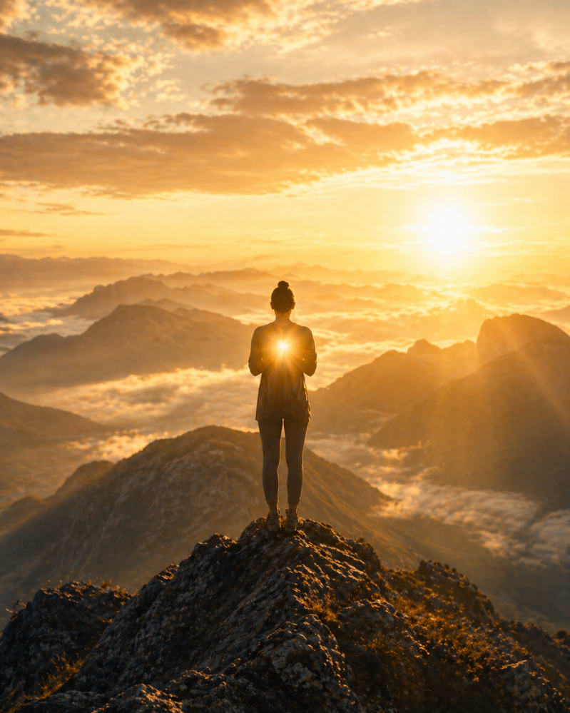 Person steht auf einem Berggipfel im goldenen Sonnenaufgang und hält ein leuchtendes Licht in ihrem Herzen, umgeben von weiter Berglandschaft und Wolkenmeer - Symbol für innere Kraft, Bewusstsein und spirituelle Transformation