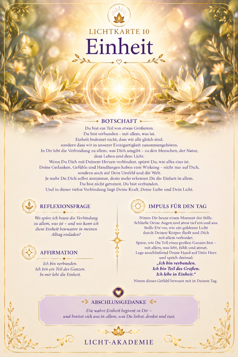 Lichtkarte Einheit der Licht-Akademie mit leuchtenden Lotusblüten und leuchtvoller Kugel in der Mitte. Mit Botschaft und Affirmationen. Symbol für Bewusstsein, Spiritualität