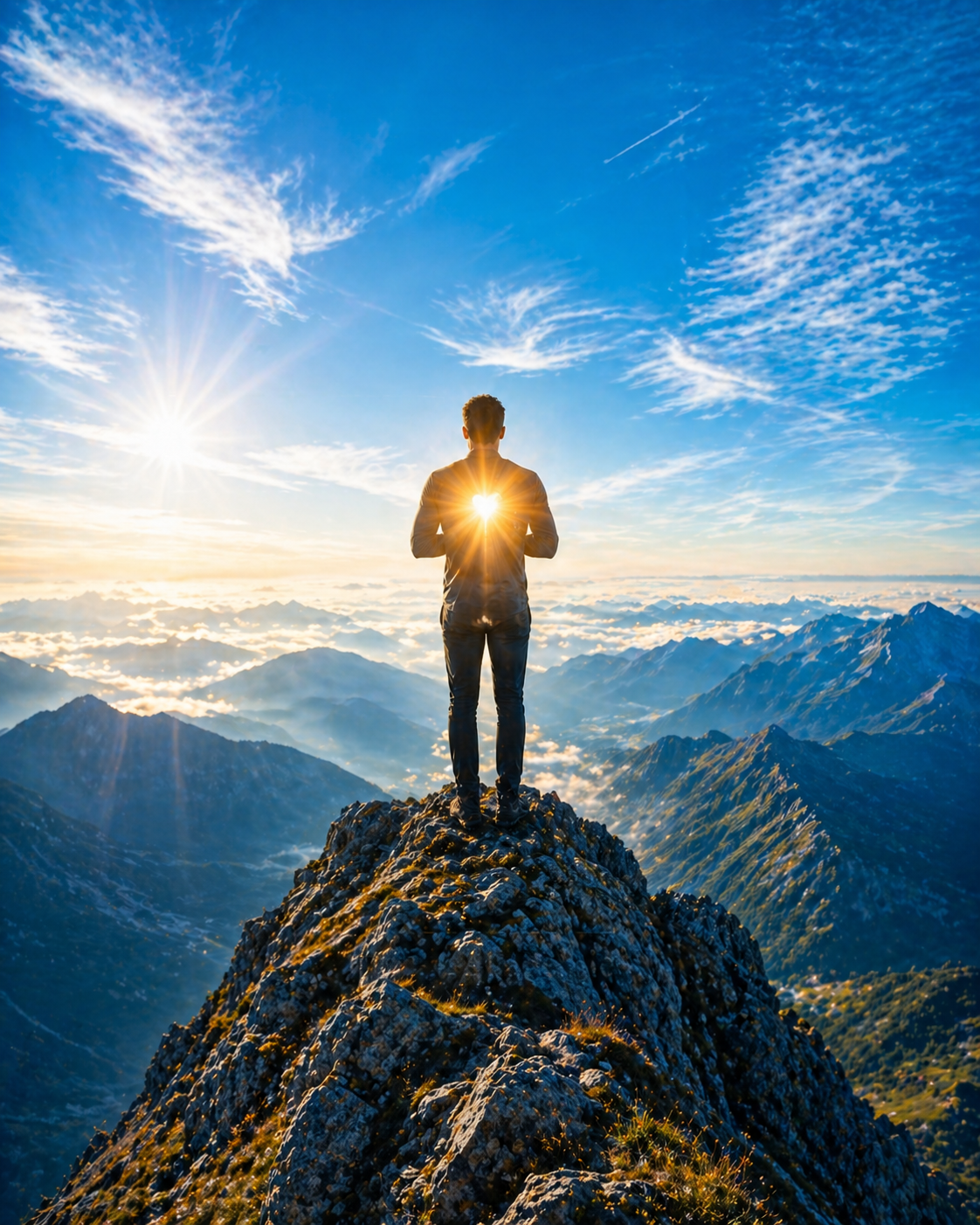 Mann steht auf einem Berggipfel unter strahlend blauem Himmel und hält ein leuchtendes Licht in seinem Herzen, weitem Blick über Berglandschaft und Wolken - Symbol für innere Stärke, Bewussstsein, Klarheit und persönliche Transformation