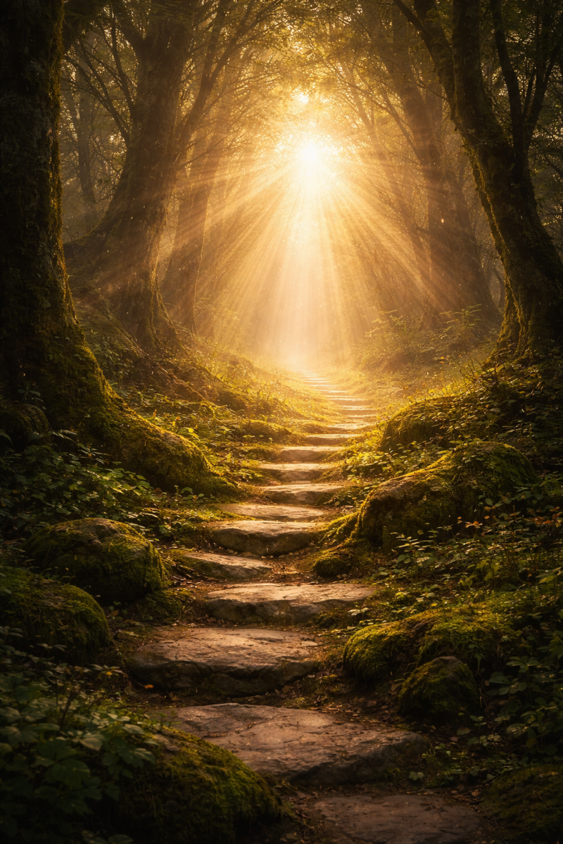 Ein von goldenem Licht durchfluteten Waldweg, der sich sanft durch die Natur schlängelt - Symbol für den inneren Weg, Klarheit und das Fortschreiten ins Erwachen