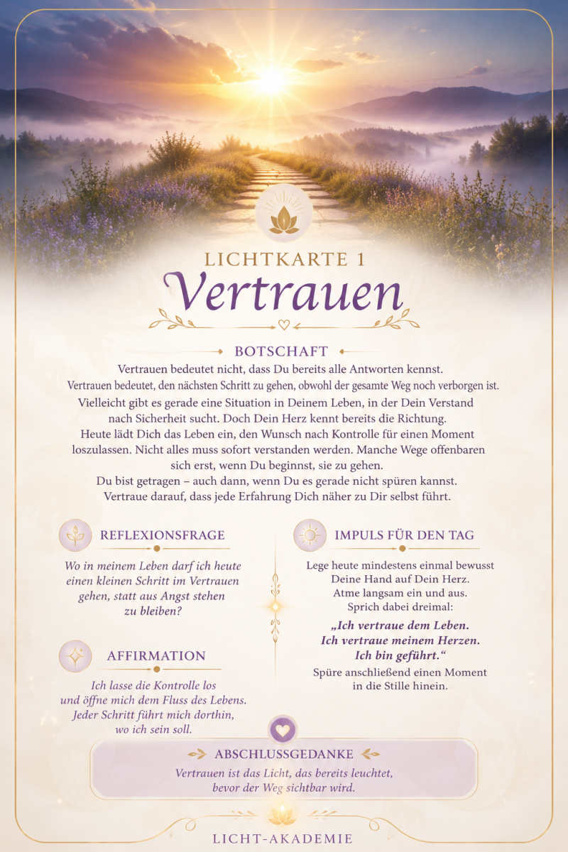 Lichtkarte Vertrauen der Licht-Akademie mit einem sonnendurchfluteten Weg zum Horizont als Symbol für Vertrauen, Hoffnung und innere Führung.