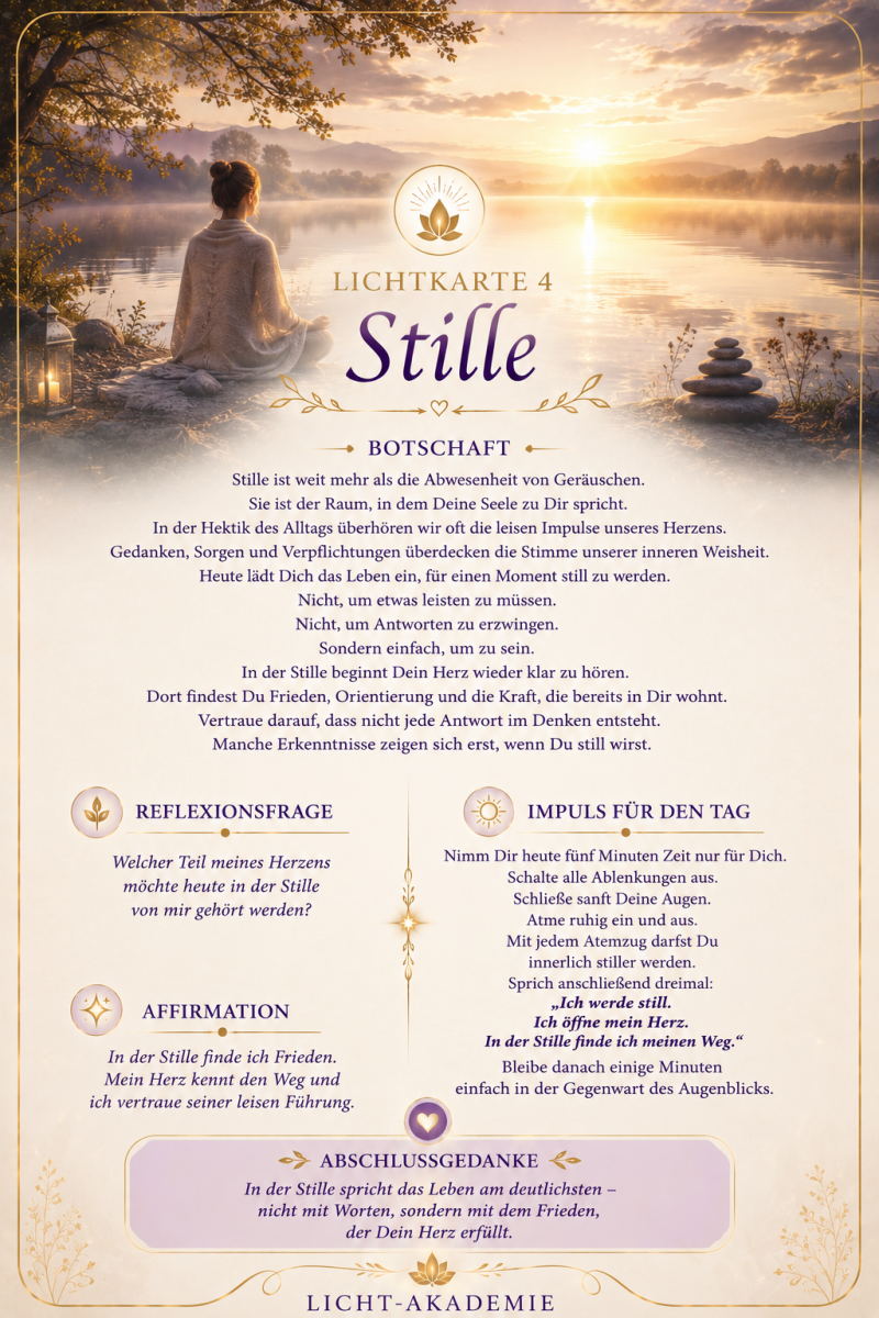 Lichtkarte Stille der Licht-Akademie mit einem ruhigen See mit einer Person im Morgenlicht als Symbol für Achtsamkeit, Frieden und die Stimme des Herzens.