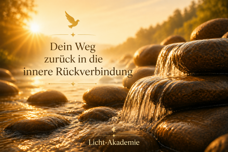 Sanft fließendes Wasser gleitet über runde Steine in warmen goldenem Sonnenlicht -Symbol für sanfte Stille, Klarheit und innere Einkehr.