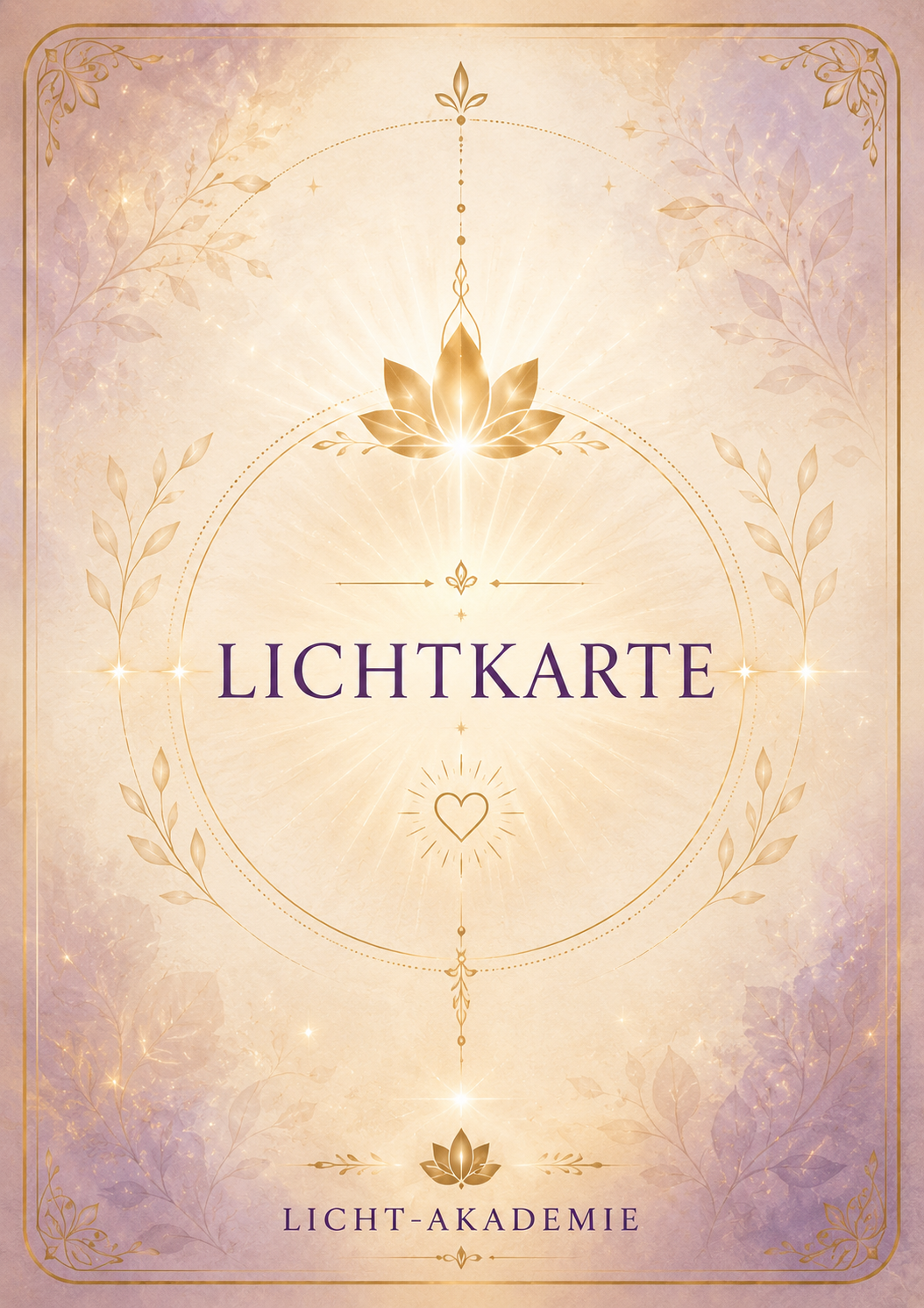 Lichtkarte der Licht-Akademie - kunstvoll gestaltete Kartenrückseite mit goldenem Lotus, Herzsymbol und sanften Lichtfarben als Symbol für Bewusstsein, innere Führung und Inspiration.