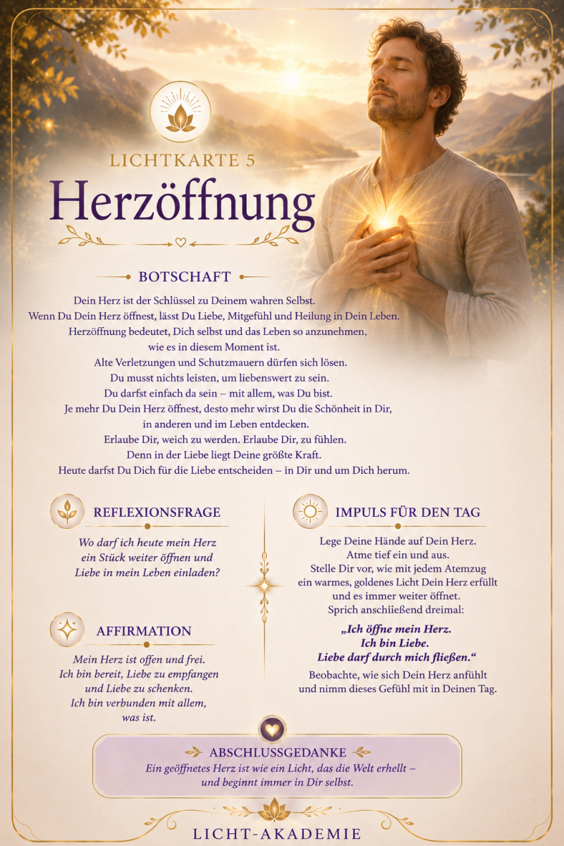 Lichtkarte Herzöffnung der Licht-Akademie mit einem Mann, der seine Hände auf das leuchtende Herz legt, als Symbol für Liebe, Mitgefühl und innere Heilung.