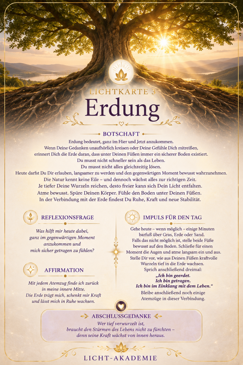 Lichtkarte Erdung der Licht-Akademie mit einem kraftvollen Baum und tiefen Wurzeln als Symbol für Stabilität, innere Ruhe und Verbundenheit mit der Erde.