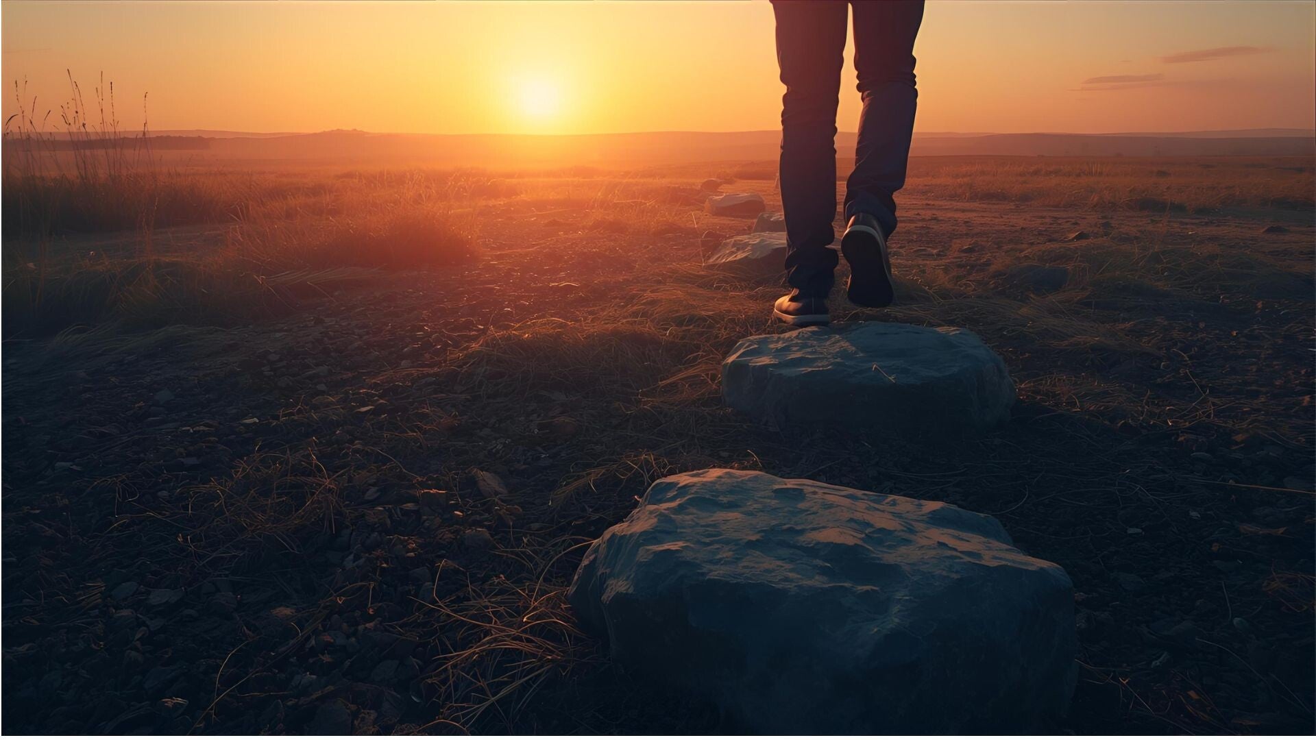 Sonnenuntergang und ein Steinpfad als Symbol für innere Ruhe, Achtsamkeit und bewusste Transformation