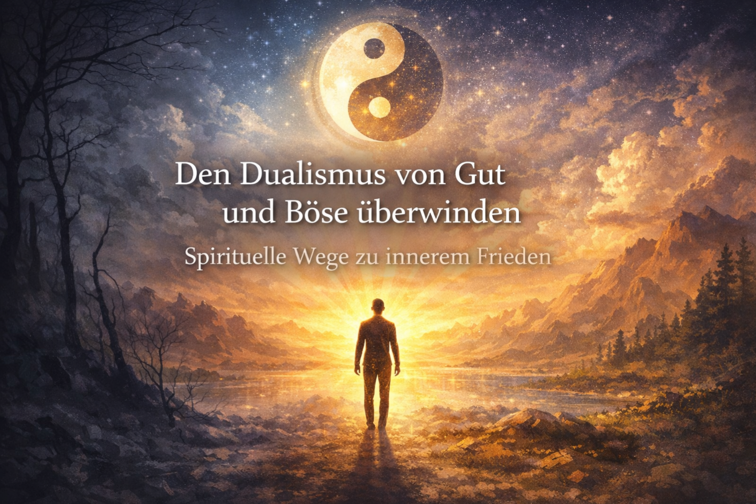 Spiritueller Weg zwischen Licht und Schatten mit Mensch im Sonnenaufgang als Symbol für das Überwinden des Dualismus von Gut und Böse.