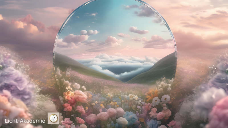 Spiegel mit Himmel mit magischen lila-rose Hintergrund - Symbol für Begegnungen, Liebe und Spiegelung | Licht-Akademie