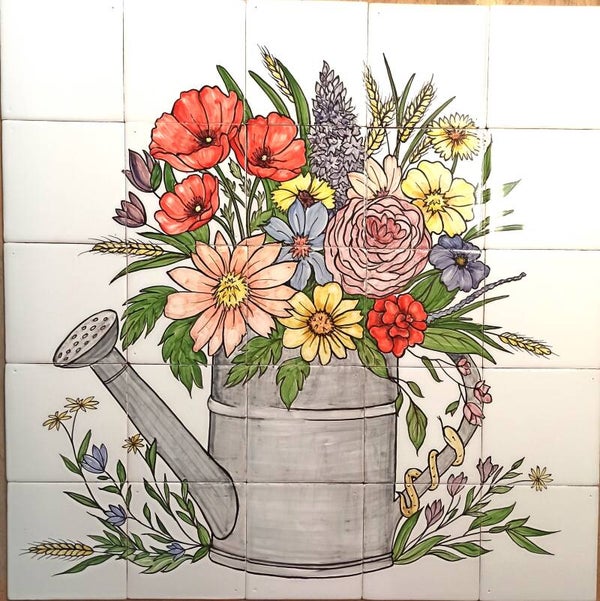Landelijk tafereel, gieter met bloemen. op 25 tegels.