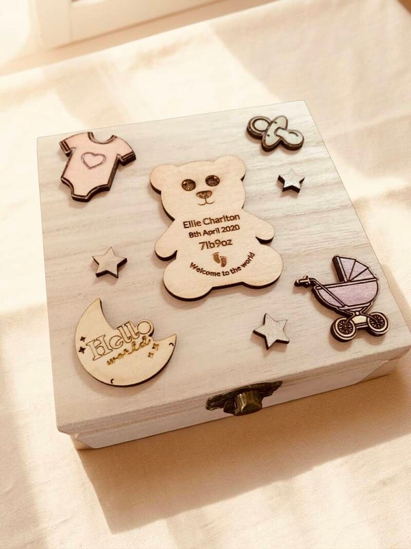 New born Keepsake Box – Pine Wood with Cut‑Out Shapes (12cm x 12cm)
