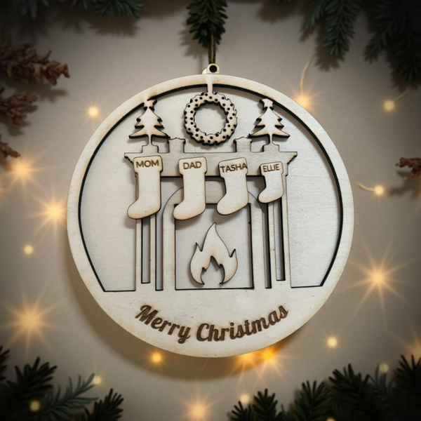 Family Christmas fire place personalised tree ornament