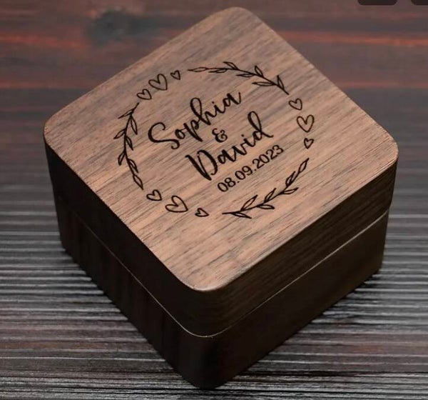 Walnut Double‑Slot Square Wedding & Engagement Ring Box – 55mm x 55mm