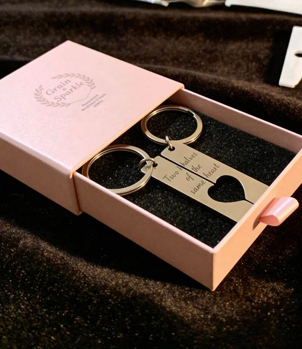 Personalised Couples Matching Heart Keyring Set – Gift Box Included