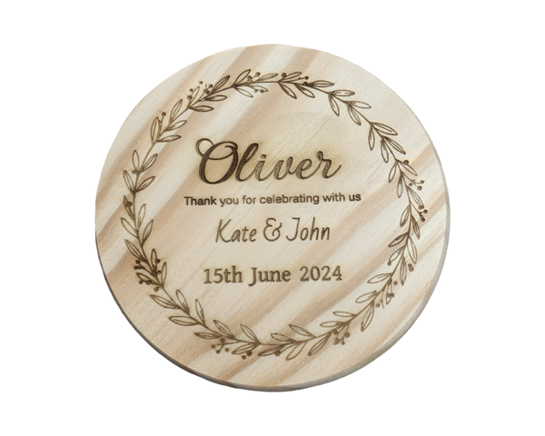 Personalised Wooden Wedding Coaster – Favour & Seating Plan in One