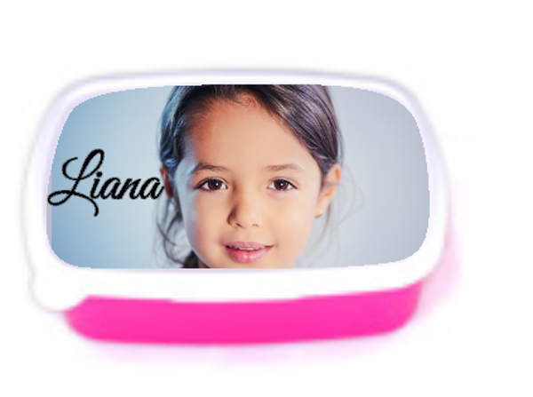 Brooddoos roze met eigen naam en foto