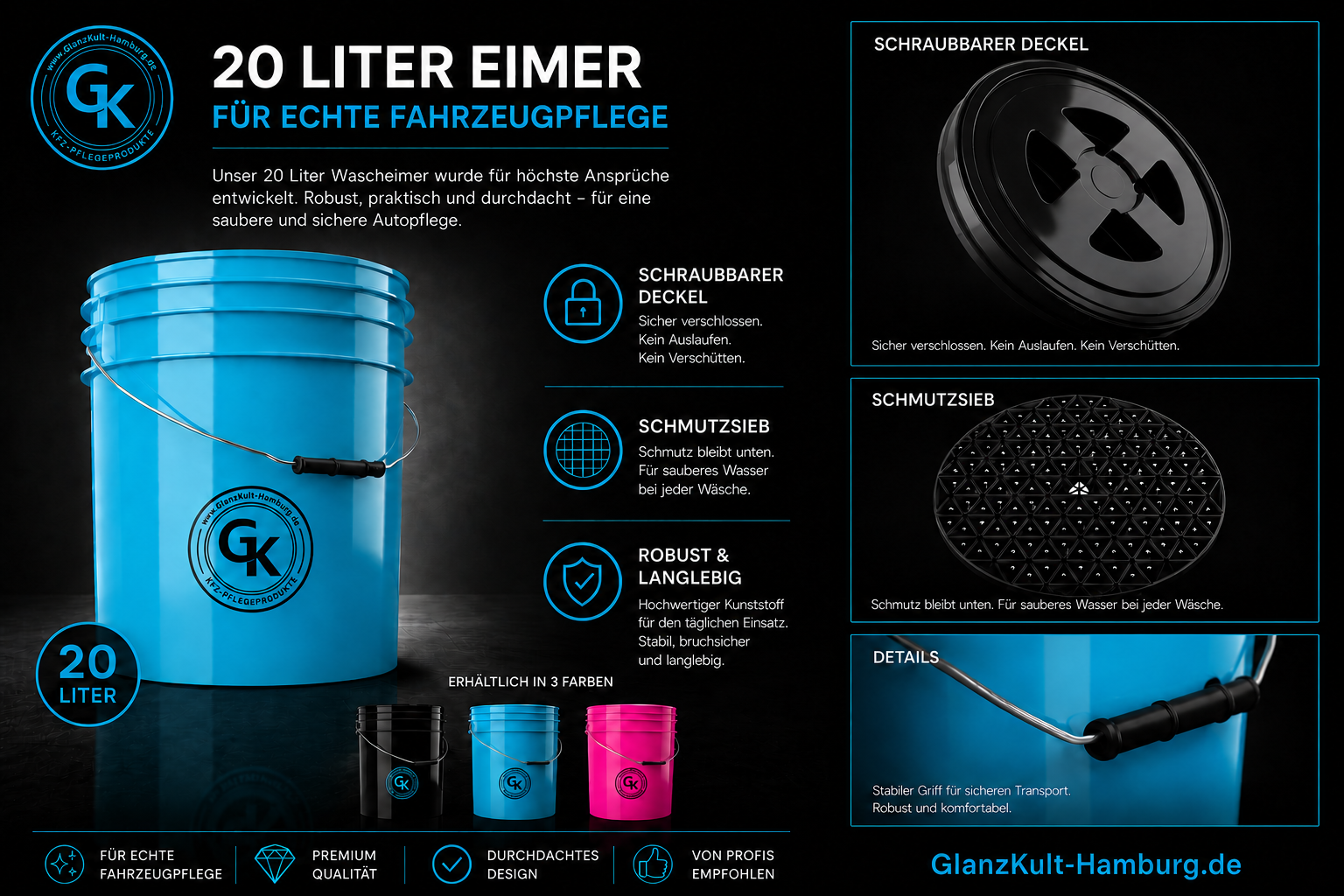 GKH Premium Detailing Bucket | 20L | inkl. Deckel & Schmutzsieb