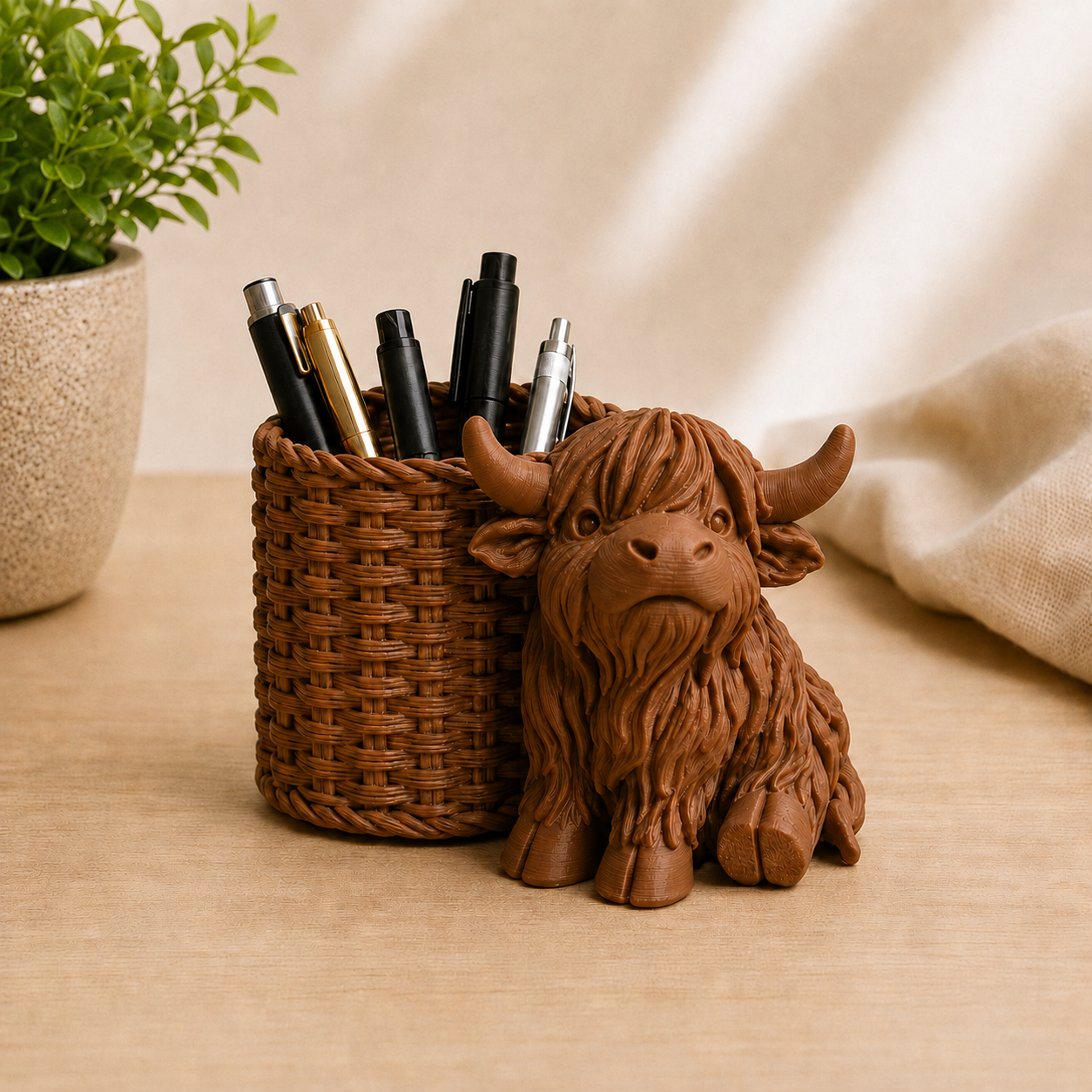 Highland Cow Pen Holder – 3D Printed Desk Organizer, Farmhouse Cow Decor