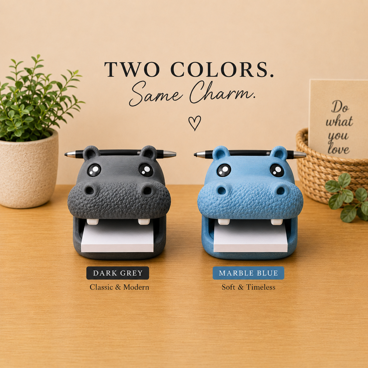 Hippo Note Holder Pen Stand | 3D Printed Desk Organizer, Farmhouse Decor