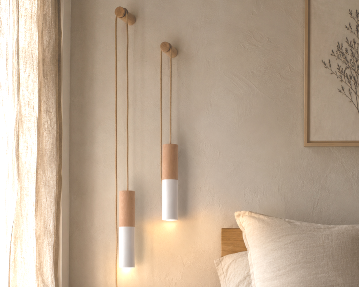 Wandlamp met kabel en wandbevestiging, beukenhout en metaal
