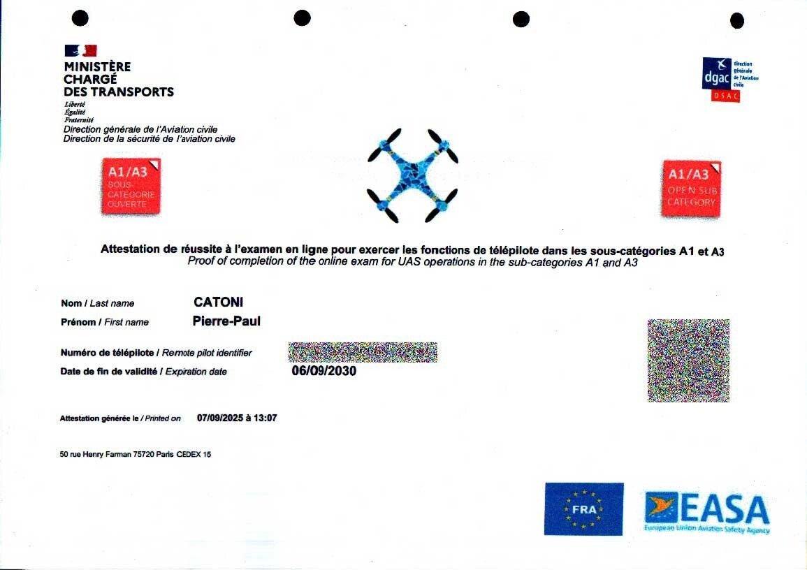 Attestation européenne de télépilote A1/A3 de Pierre-Paul Catoni, valide jusqu’en 2030