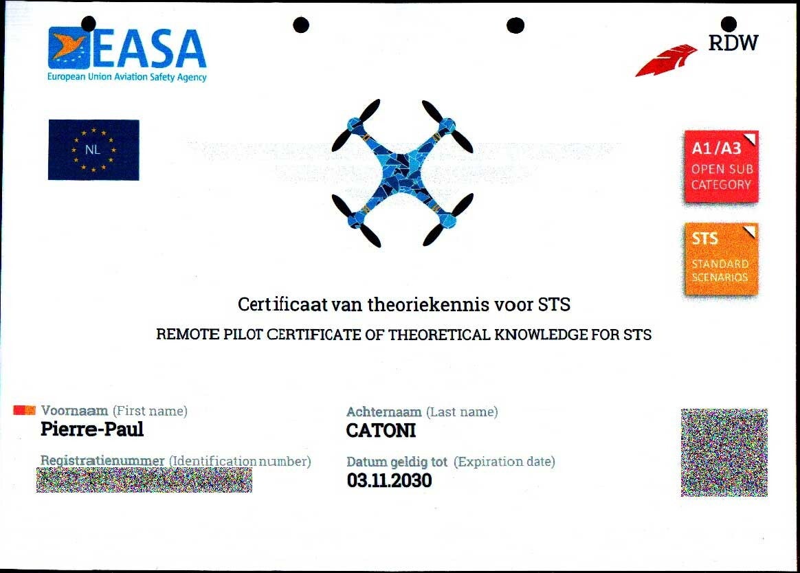 Certificat théorique européen STS de Pierre-Paul Catoni, valide jusqu’en 2030