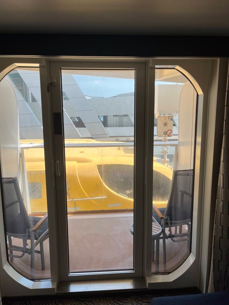 View from cruise ship cabin with visuallly impaired view due to lifeboat