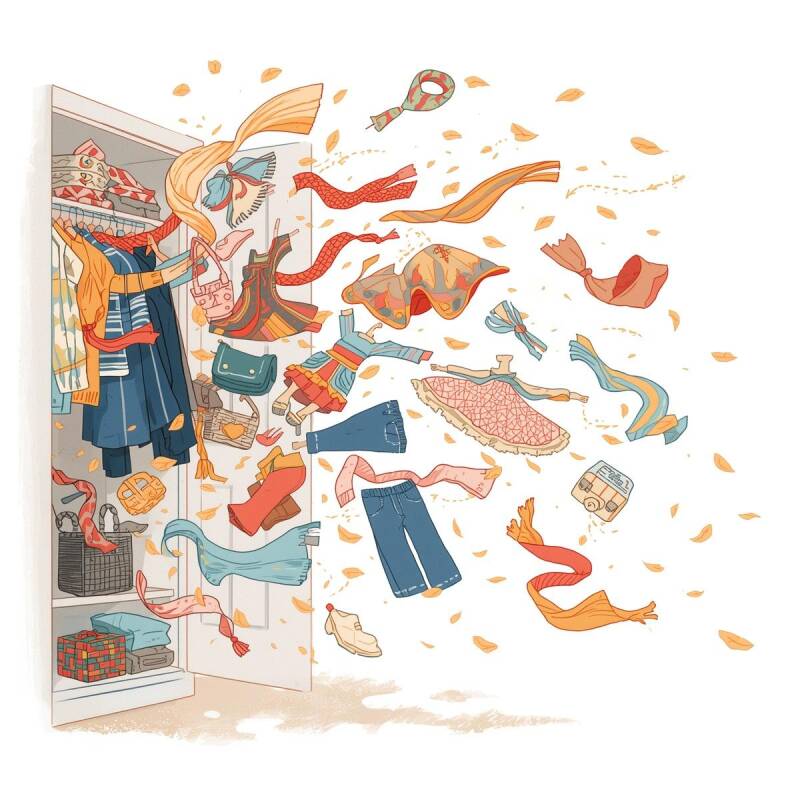 A whimsical illustration of a wardrobe with clothes floating like leaves in the wind.