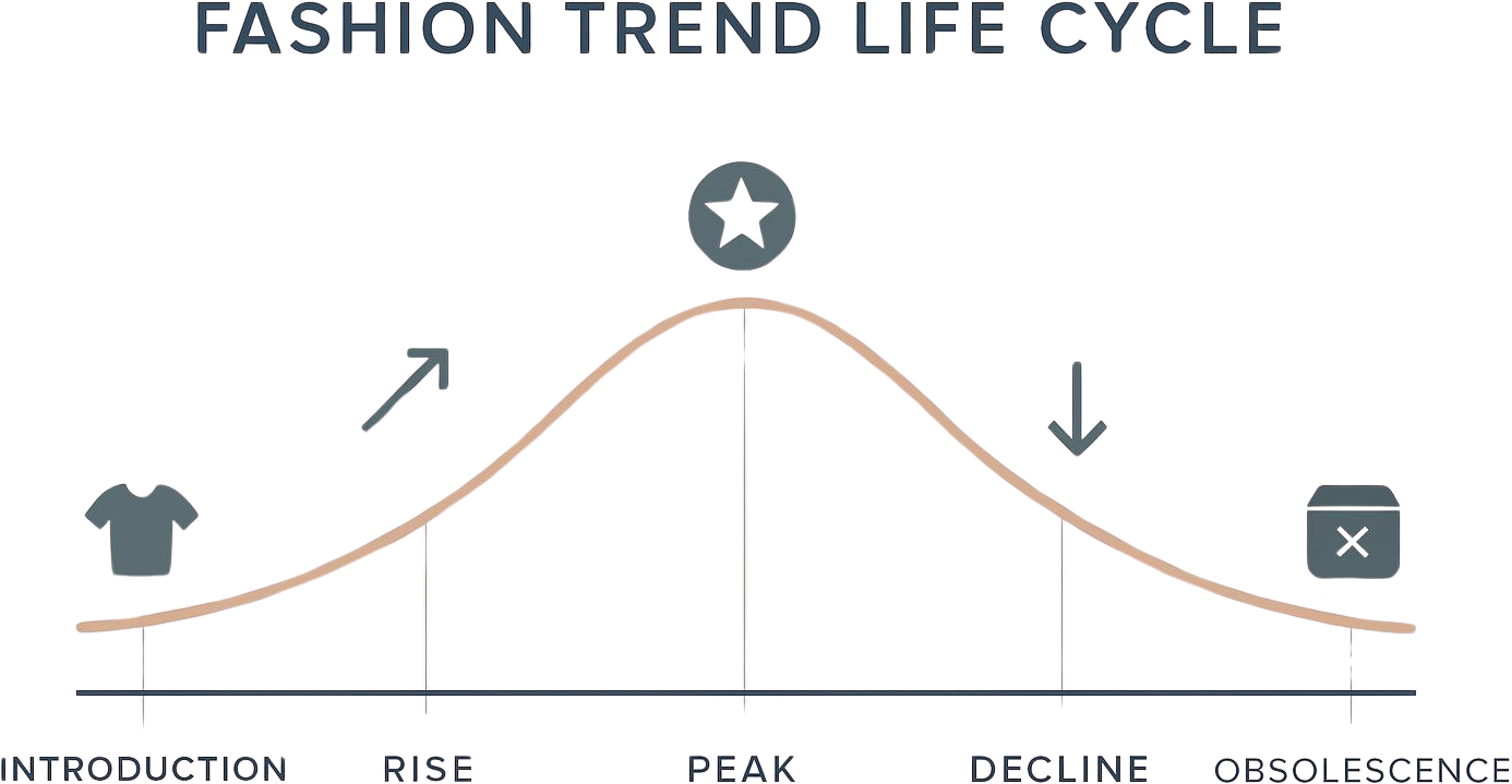 A timeline graphic illustrating the five stages of fashion trend life cycle.