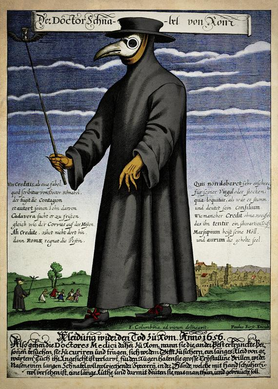 medieval illustration of the Black Death showing a figure in plague doctor mask.