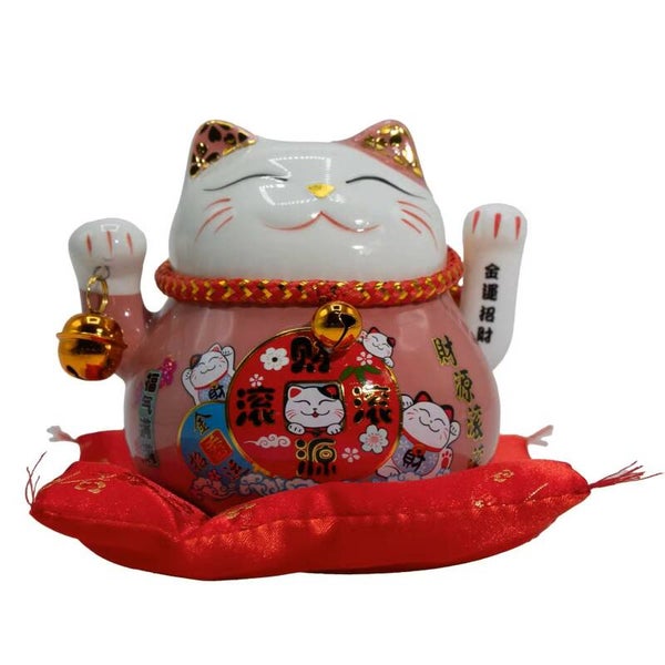 Chat Porte-Bonheur en Céramique à Patte Mobile – Rose sur Coussin (pile non incluse)