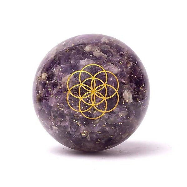 Orgonite sphère améthyste avec Fleur de Vie