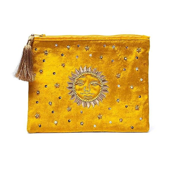 Pochette zippée en velours Jaune avec Soleil