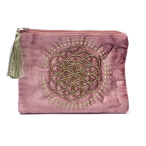 Pochette zippée en velours vieux rose avec Fleur de Vie