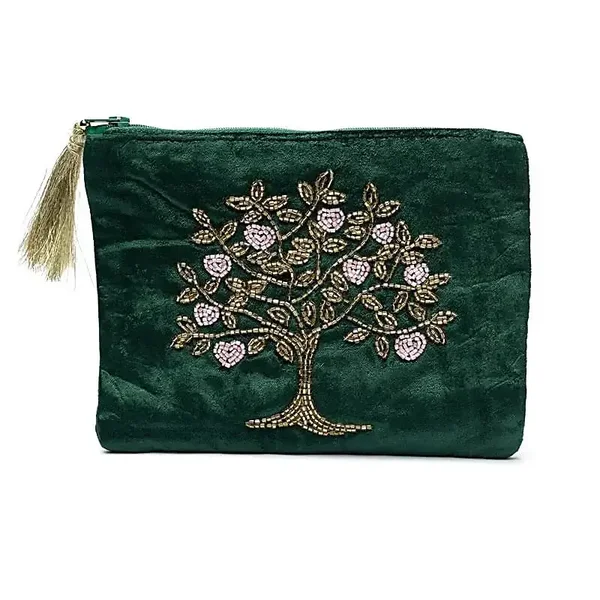 Pochette zippée en velours vert avec Arbre de Vie et cœurs