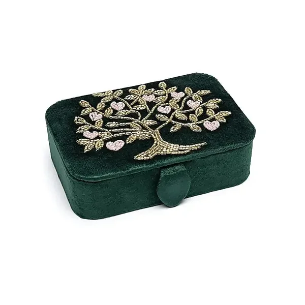 Coffret à bijoux / tarot velours vert avec Arbre de Vie et cœurs