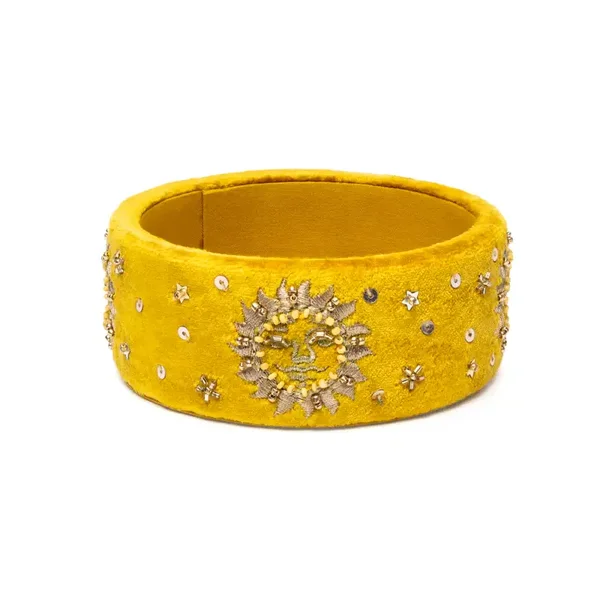 Vide-poche en velours jaune avec soleil