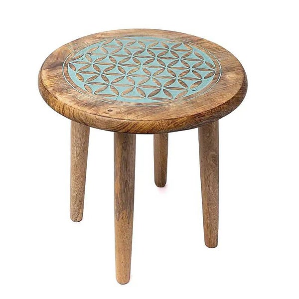 Table d'appoint impression bleue Fleur de Vie bois de manguier