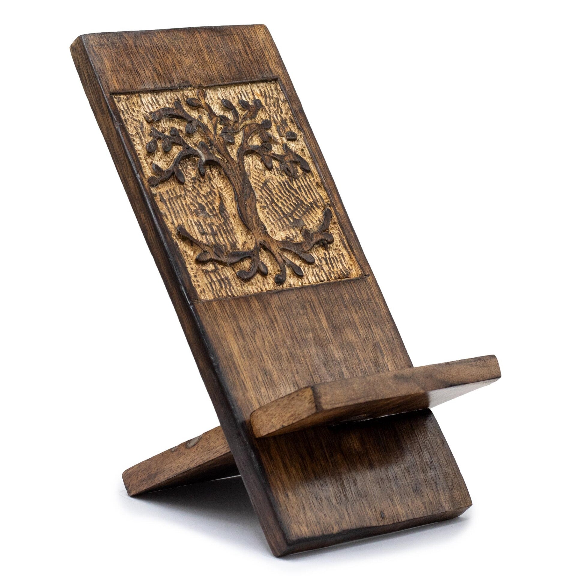 Support de Téléphone en Bois Sculpté - Arbre de Vie 20x9.5cm