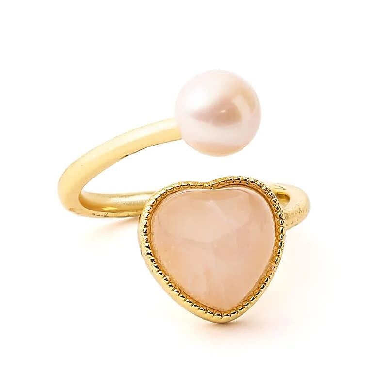 Bague ajustable avec perle et cœur en quartz rose