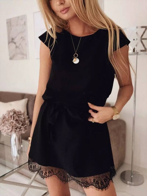 Short Sleeves Soft Lace Dress Nude Black