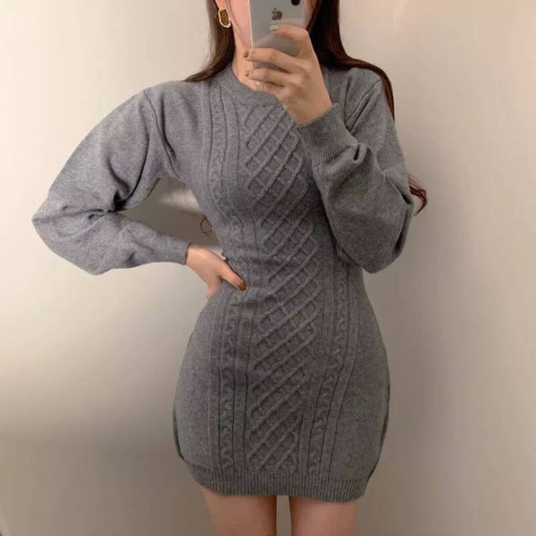 Knitted Bodycon Dress Open Back Grey