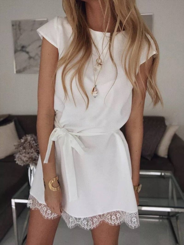 Short Sleeves Soft Lace Dress Nude White