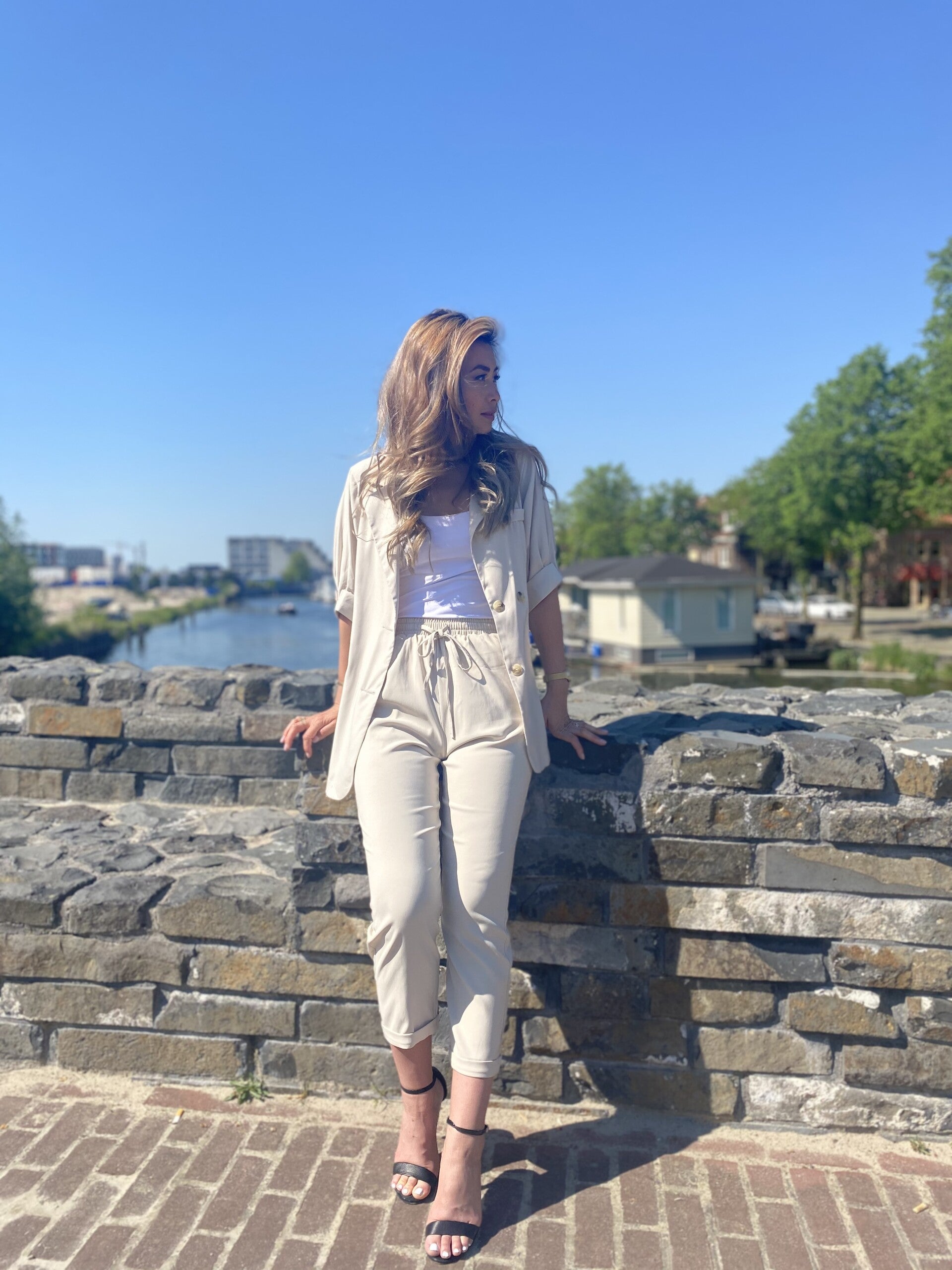 Blazer Suits Long Pant Casual 2 Piece Sets Beige